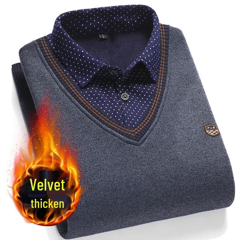 Men's Fleece-Lined Two-Piece Shirt Collar Sweater for Middle-Aged & Elderly
