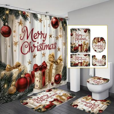 4Pcs Bathroom Shower Curtain SetMerry ChristmasPattern Bathroom Curtain With 12 Hooks Non Slip Rugs Toilet Cover Mat Bathroom Partition