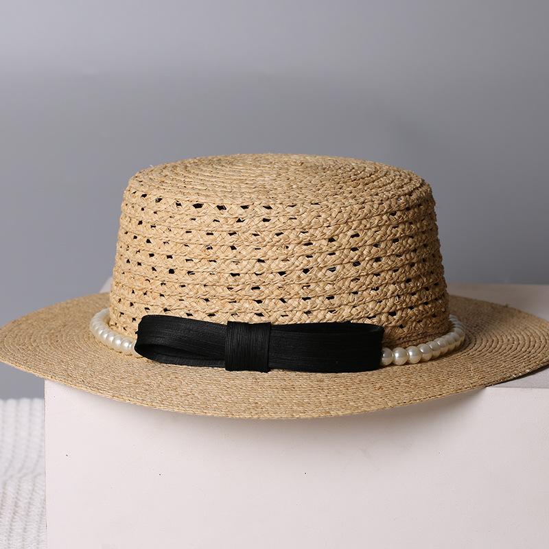 High Quality Raffia Silk Hemp Pearl Straw Hat French Flat Top Sun Hat Hollow Breathable Sun Hat Beach Hat