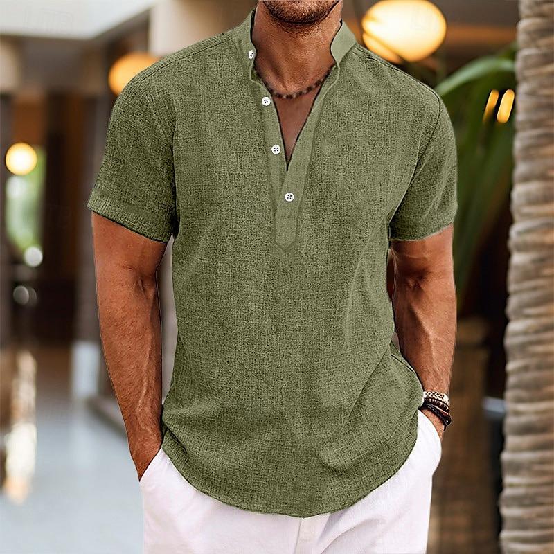 Summer Solid Color 3D Print Henley Shirts Men's Casual Oversized Button Stand Collar Short Sleeve T Shirt Tees Tops Man Clothing