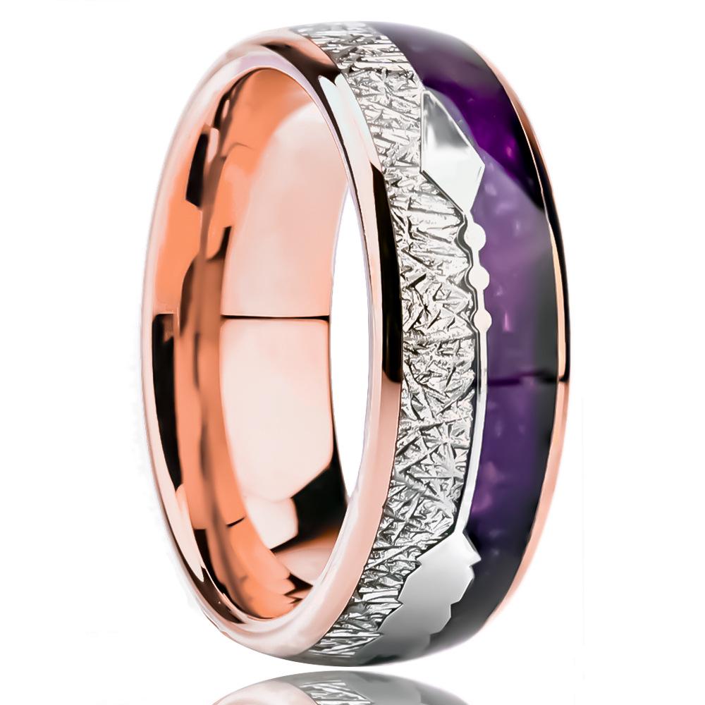 2025 Luxury 6mm/8mm Tungsten Ring with 18K Rose Gold, Meteorite, and Natural Purple Agate Inlay