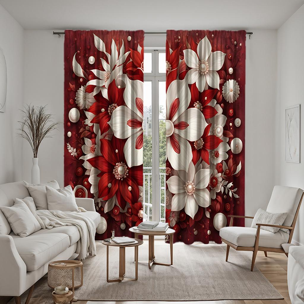 2 Pieces HD Red and White Series Flower Decoration Curtain Red Digital Printing Curtain Home Decoration Style Decoration Living