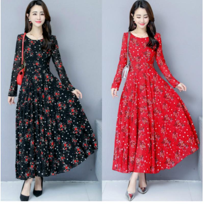 Jaro Nový Korejský Styl Rozšířený Styl Potisk Rozšířené Šaty Dlouhý Rukáv Nad Koleno Kulatý Výstřih Plážová Sukně