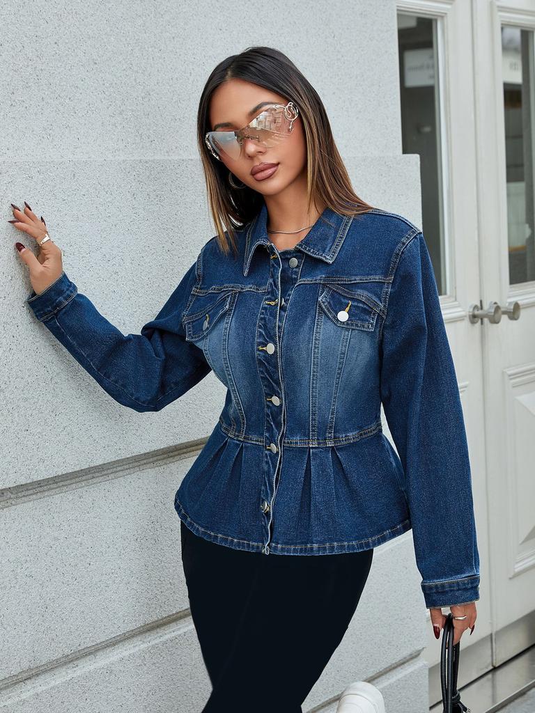 Giacca di jeans da donna con colletto alla coreana, manica lunga, vita sagomata, orlo a peplo, lavaggio vintage, capospalla corto casual da pendolare