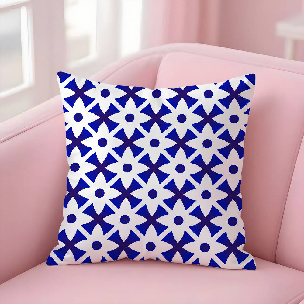 

Blue And White Geometric Pillow Case Soft Plush Fabric Double Sided Print Decorative Home Living Room Gift Cushion 12x12Inch