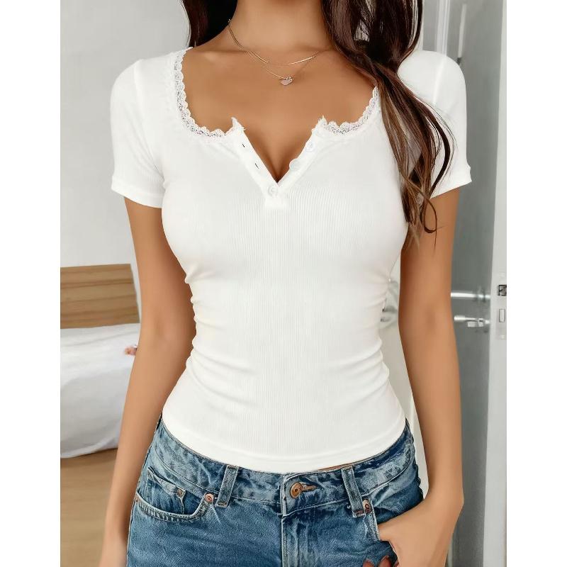 2026 New Spring/Summer Lace Button V-Neck Fashion Slim Fit Short Sleeve Women's Blouse