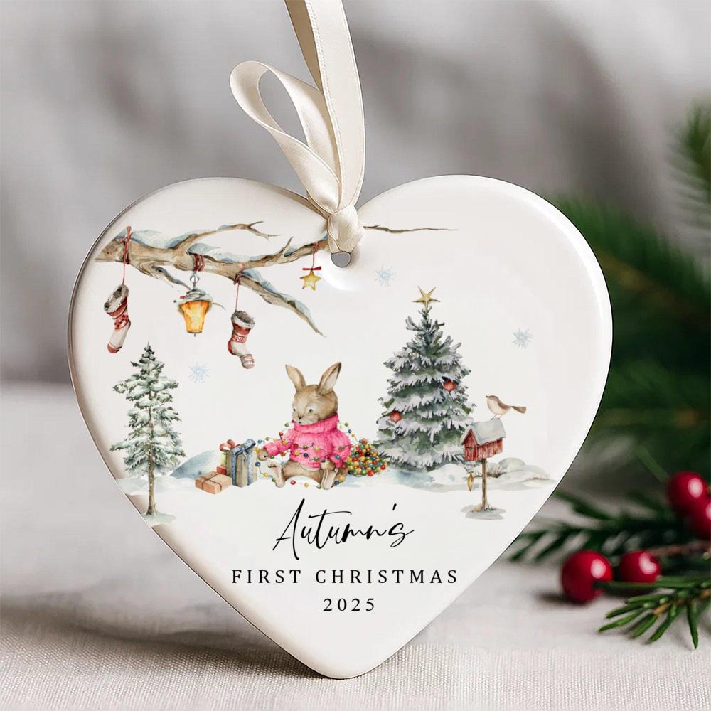 1pc Personalized Bunny Baby First Christmas Ornament Ceramic Christmas Ornament for Baby Girl Boy New Baby Gift Xmas Keepsake