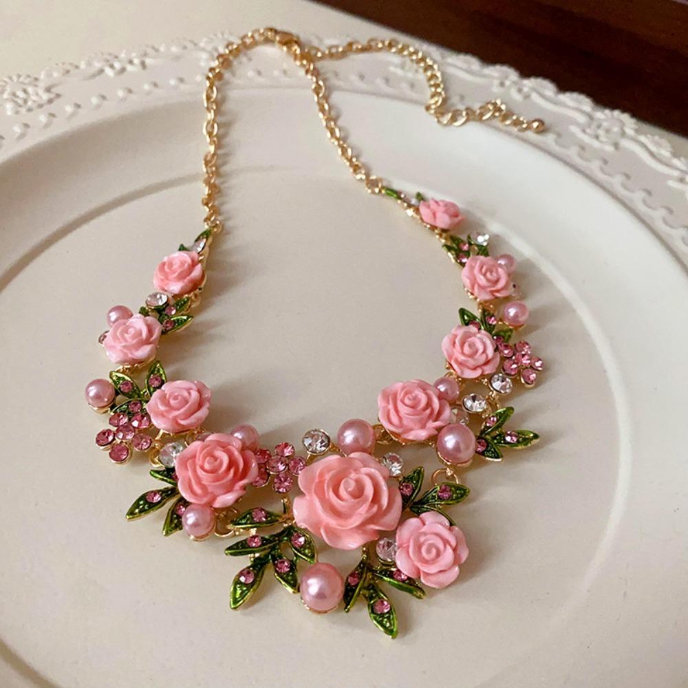 1PC Romantic Rhinestone Rose Flower Necklace Pearl Choker Stud Earrings Collarbone Chain Sweet Flower Bracelet Vacation