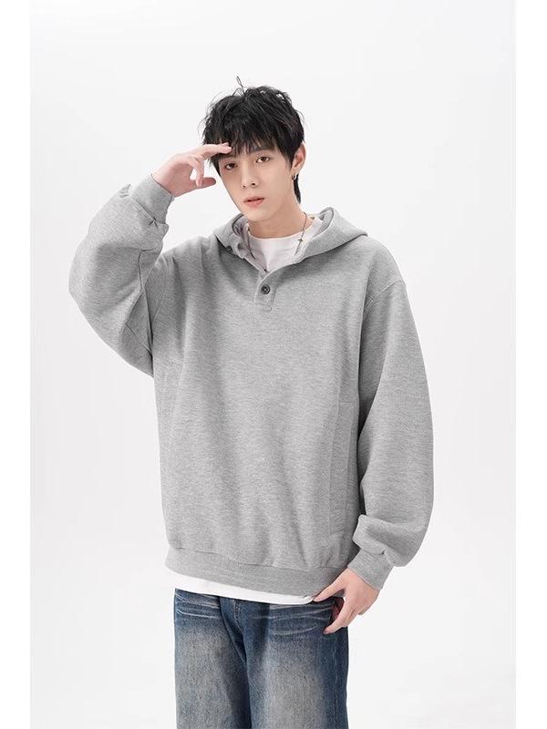 Men's Plus Size Fleece-Lined Button Hoodie - Oversized, Thickened Long Sleeve for Autumn/Winter