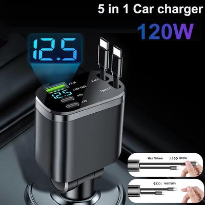 NEW Upgraded Retractable Car Charger 5 In 1, 69W Fast Charging PD30W+2.4A Voltage Display Dual Cables for iPhone & Android