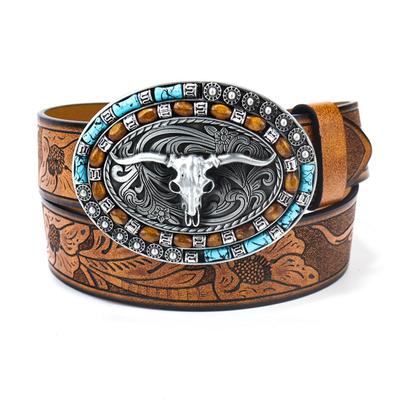 Vintage Westerngürtel Longhorn Bull Gürtelschnalle Gürtel Cowboygürtel mit großer Schnalle Jeansgürtel Ledergürtel Perlengürtel