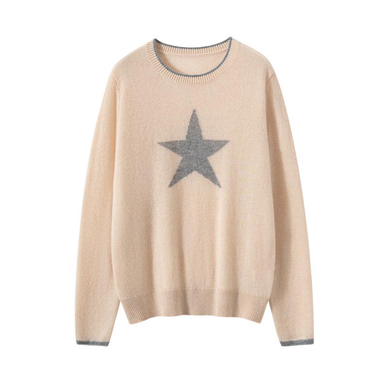 100% Pure Cashmere Color Block Round Neck Sweater with Five-Star Pattern - Simple and Versatile Design for Autumn/Winter