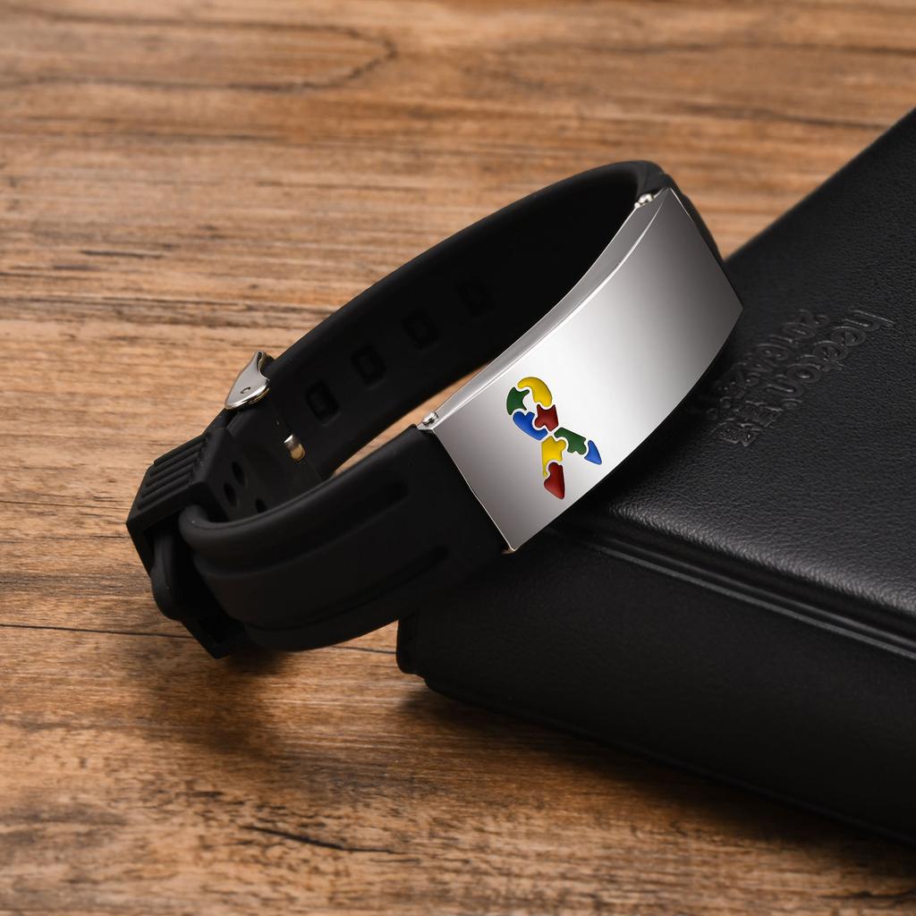 Mprainbow Wide Autism ID Bracelets for Men Boys,Free Customize Black Silicone Band Wristband,Add ICE Emergency Contact