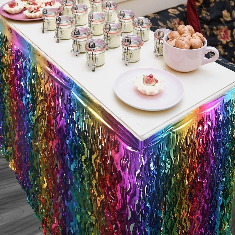Rainbow Gradient Foil Fringe Table Skirt Wavy Design Table Decor Ornament Birthday Party