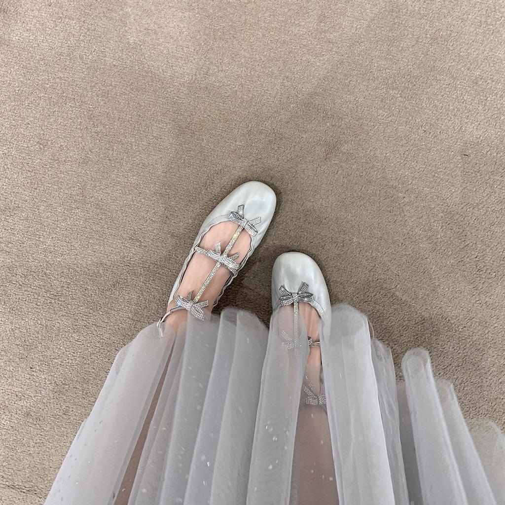 [Shei Su Yinyin] Tiptoe~ Heavy Industry Rhinestone Bow Flat Ballet Single Shoes Women's Mary Jane Shoes
