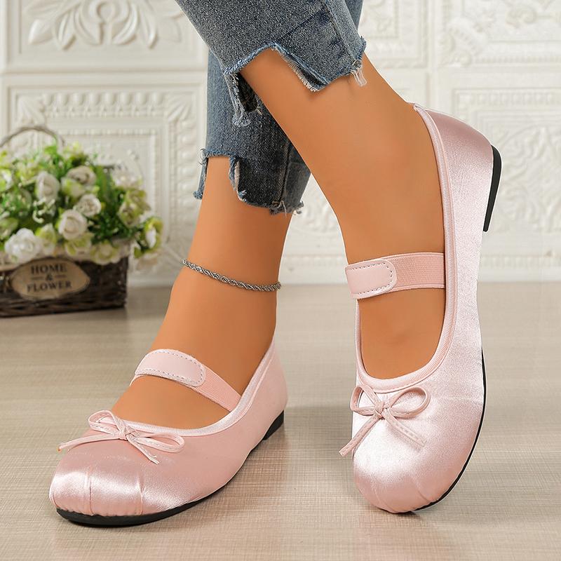 Fashion Women's Pink Mary Jane Ballet Flats with Bow Soft Satin Slip On Dress Shoes Woman Lightweight Comfortable Casual Shoes Plus Size