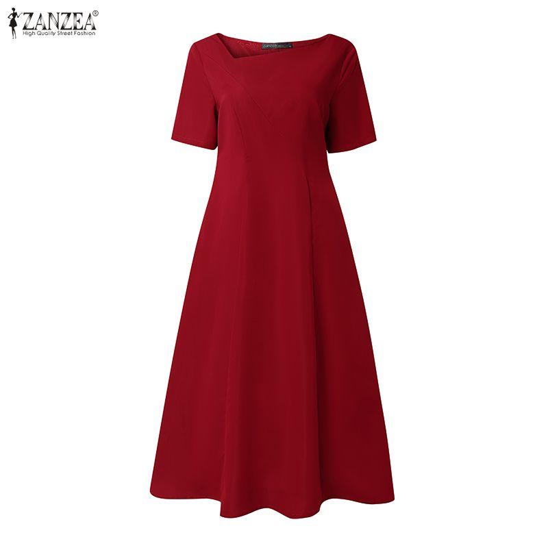 ZANZEA Women Casual Round Neck Solid Color Summer Short Sleeve Dress