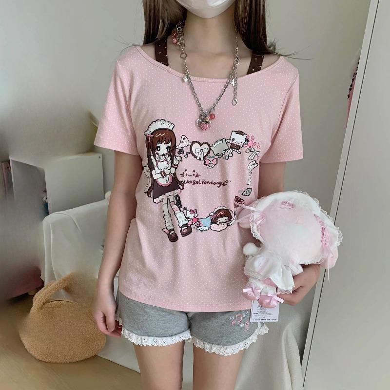 Women T Shirts Cartoon Printed Funny Sweet Slim Summer Fashion Short Sleeve Y2k Aesthetic Harajuku Tops Female Casual