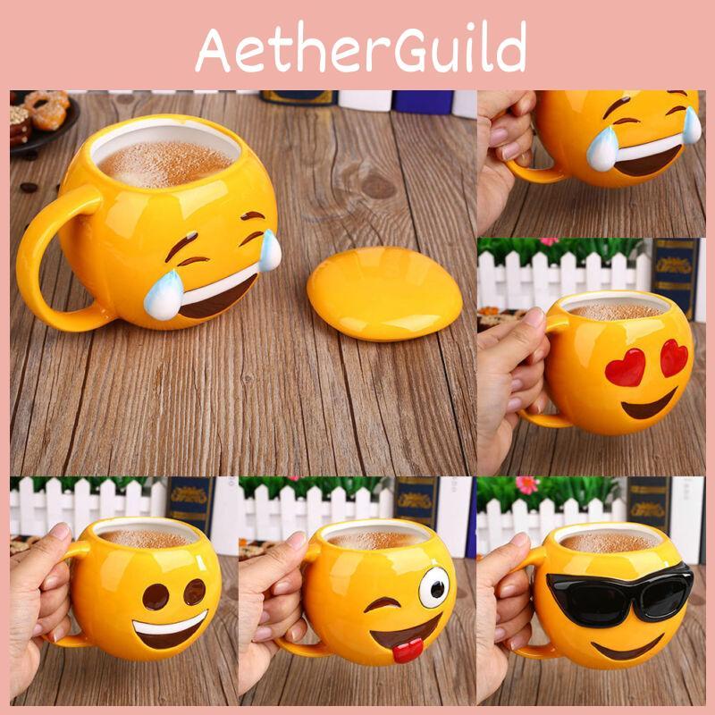 Cartoon Emoji Ceramic Mug With Smile Face And Lid For Office Use