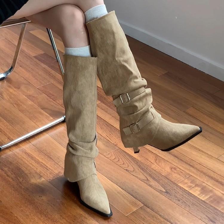 Soft leather version~ retro pointed suede belt buckle but knee trouser boots for women wear removable long stacking boots