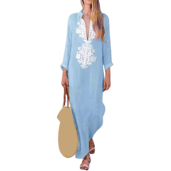 Summer Spring Women Dress Loose Printed Side Split Low-cut V Neck Retro Ethnic Style Long Sleeves Casual Loose Ankle Length Maxi Dress