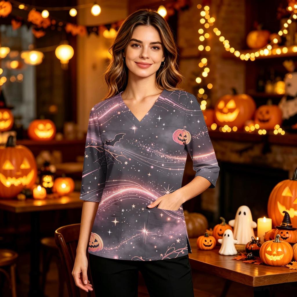 Women's Uniform with V-Neck and Pockets, Side Slit, Three-Quarter Sleeves, Halloween Print
