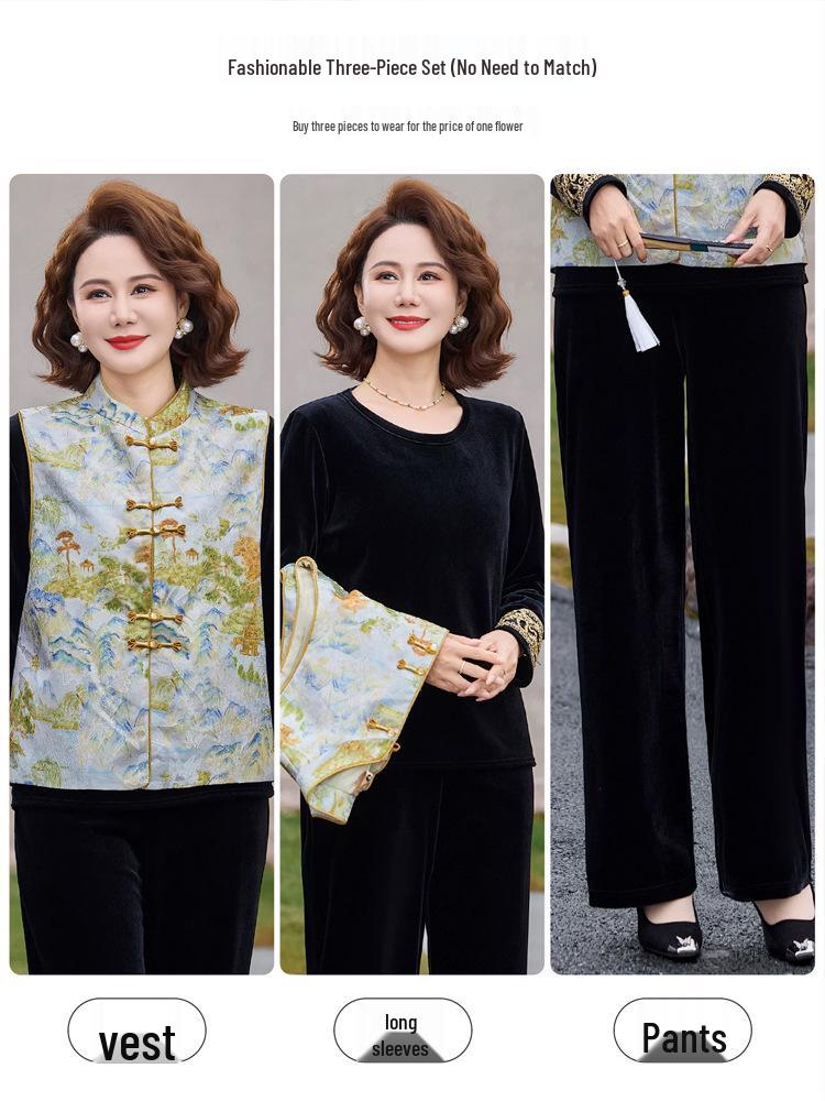 2026 New Chinese Style Spring Suit: Three-Piece Set for Middle-Aged and Elderly Women