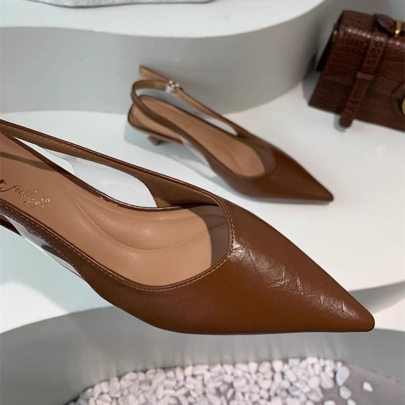 Mode SUOJIALUN Sommer Neu Damen Sandale Mode Spitz Zehenbereich Flach zum Hineinschlüpfen Damen Elegant Slingback Schuhe Dünner Mittlerer Absatz Kleid Pantoletten
