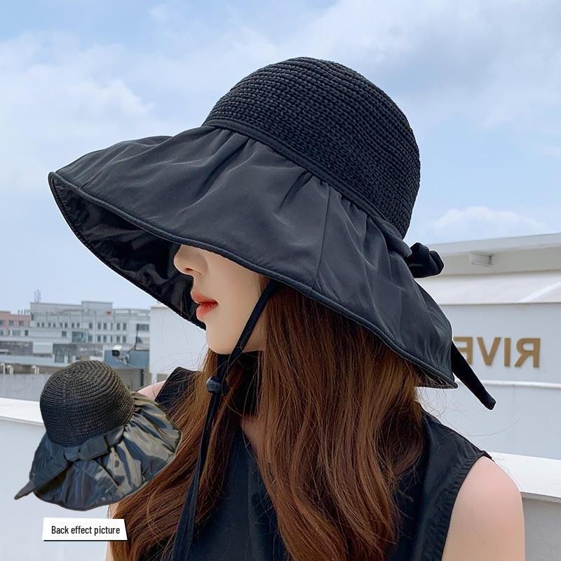 Women's Large Brim Black Sun Hat - UV Protection Summer Beach Fisherman Hat