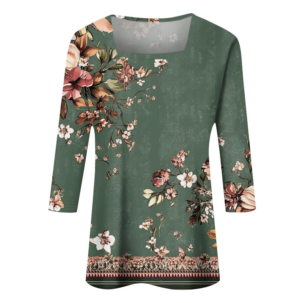 Women's T Shirt Tee Print 3/4 Sleeve Daily Weekend Fashion Basic Square Neck  Regular Top