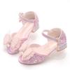 Summer New Style Girls' Chunky Heel Sandals with Sequin Uppers and Pearl Bows, Children's Performance Leather Shoes for Little Girls