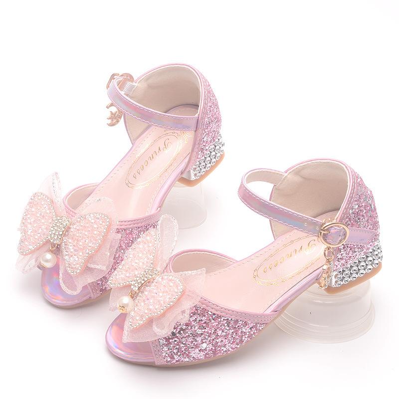 

Summer new style girls chunky heel sandals with sequin uppers and pearl bows, children s performance leather shoes for little girls 26Code/17.5cm розовый