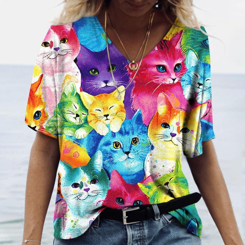 T-shirt d'été à manches courtes et col en V pour femme, imprimé chat 3D, décontracté et tendance