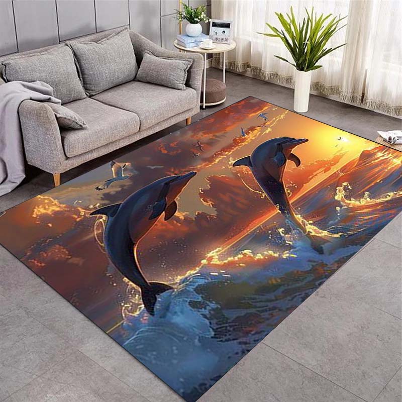 Two Jumping Dolphins Sunset Ocean Seabird Scenery Print Area Rug Non‑Slip Rectangular Floor Mat Home Decor