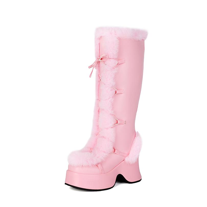 

Высокая платформа Меховая вставка Микрофибра Перекрестная шнуровка Толстая плюшевая подкладка Тепло Зимние ботинки Задняя молния Увеличивающие рост Ботинки до колена 39 розовый