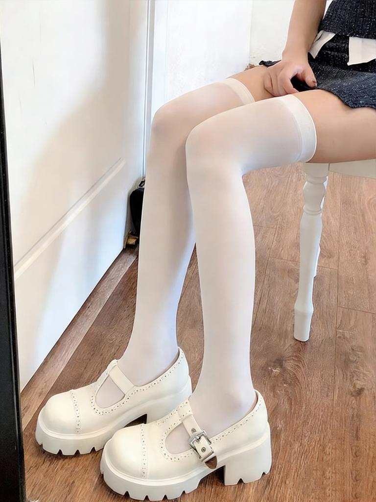 1 Pair Sweet White Opaque Thigh Highs For Women, High-Stretch Skin-Friendly Hosiery For Lolita & Date Outfits
