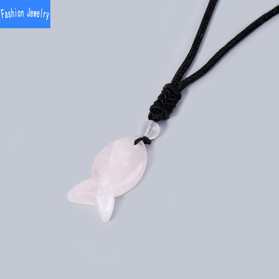 Niche unique design natural agate stone fish pendant crystal braided necklace jewelry
