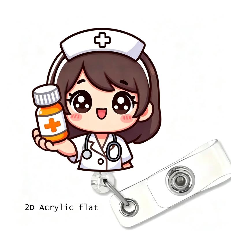 1Pcs 2D Flat Acrylic Badge Holder Retractable Id Badge Holder Scratch-Resistant Cartoon Nurse Badge Reel