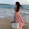 06 Spring/Summer Floral Print Elastic Shrinkle Vacation Dress Pink Skirt Suspender Beach Dress