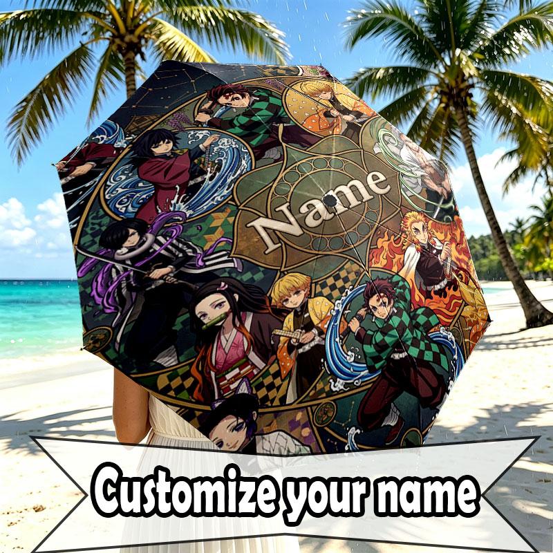 Custom Name Personalized Demon Slayer Anime Print Umbrella, Auto Open Close, 8‑Rib Sturdy Frame, Commute Camping Hiking Use, Birthday Gift