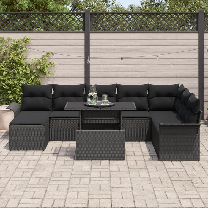 VidaXL Ensemble de canapé jardin 9 pièces avec coussins en rattan noir poly 3348339