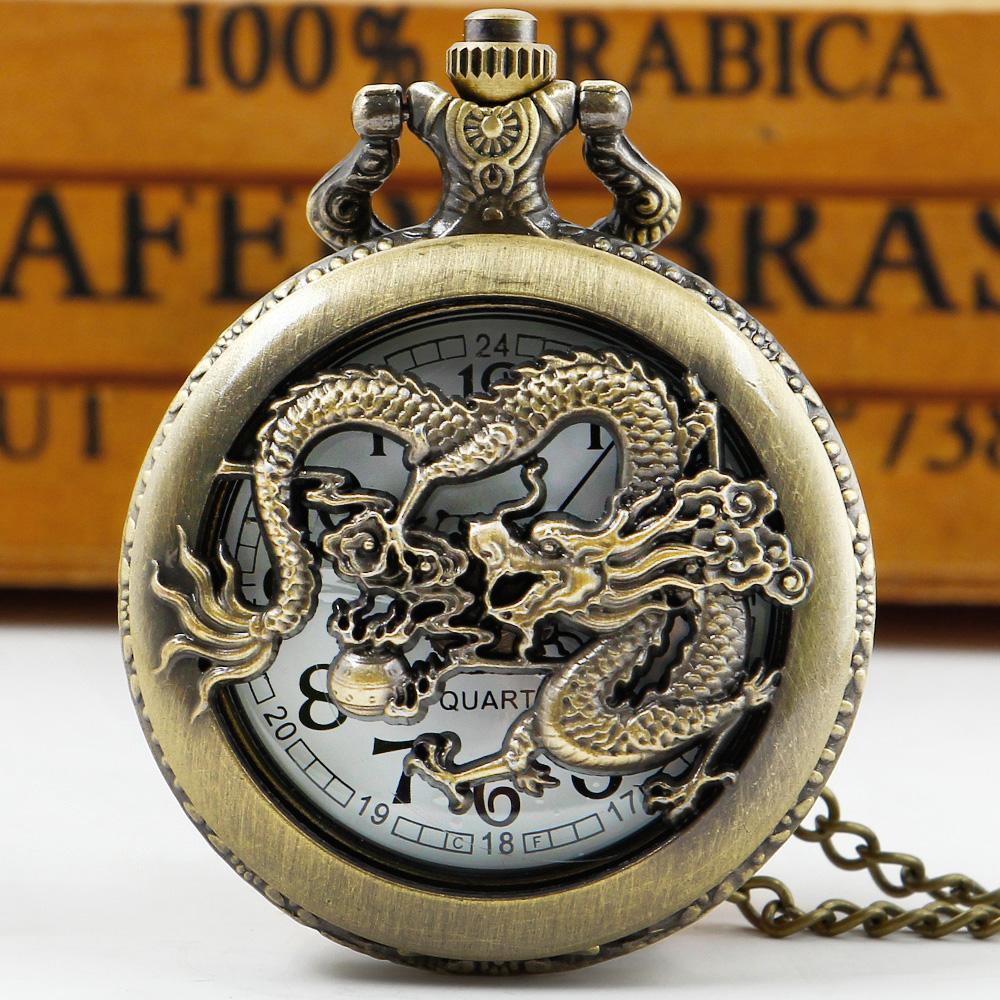 

10pcs/lot Wholesale Chinoiserie Carved Dragon Hollow Quartz Pocket Watches Collection Mens Vintage Clock with Chain Dropshipping