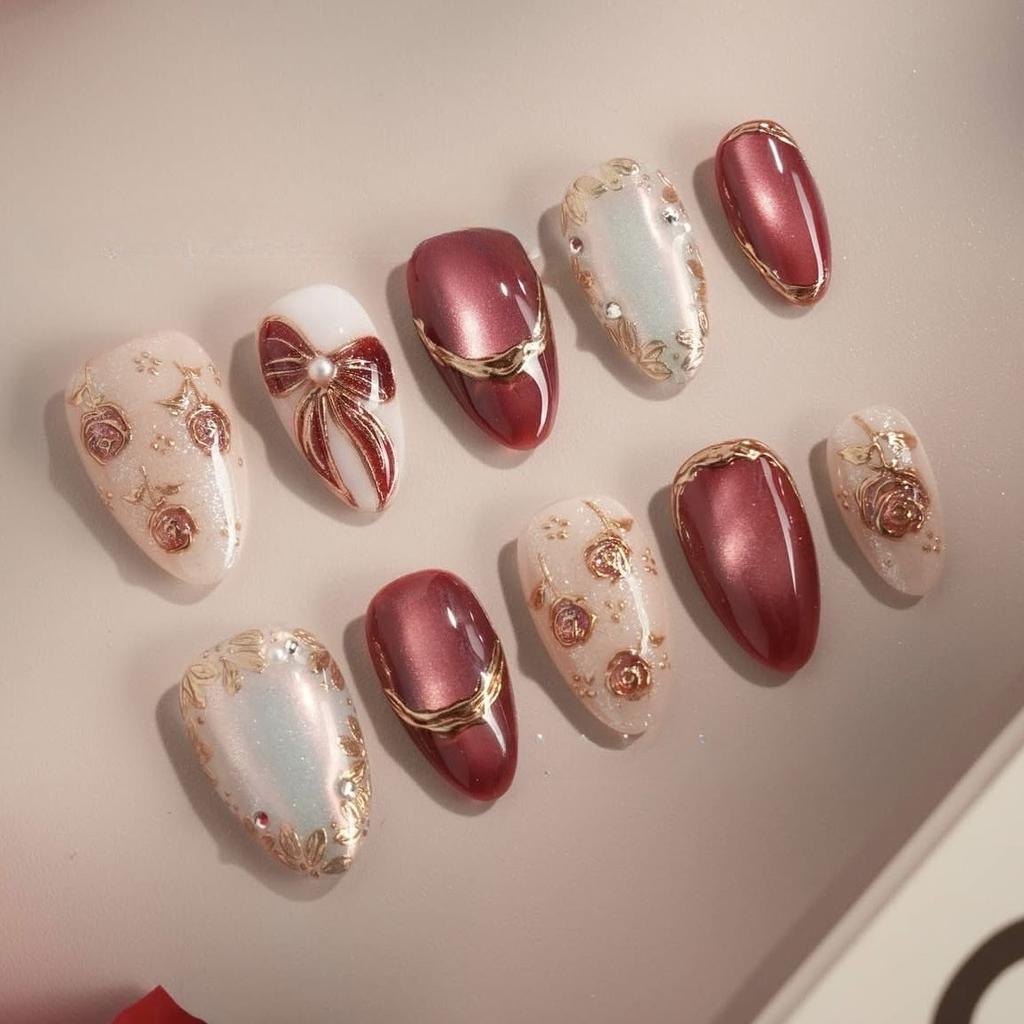 24 Stück Süßes Rosa Katzenauge Mandel Aufkleber Falsche Nägel 3D Niedliche Schleife Blume Hochwertige Falsche Nägel Einfache Kirsch Herz Nagelspitzen