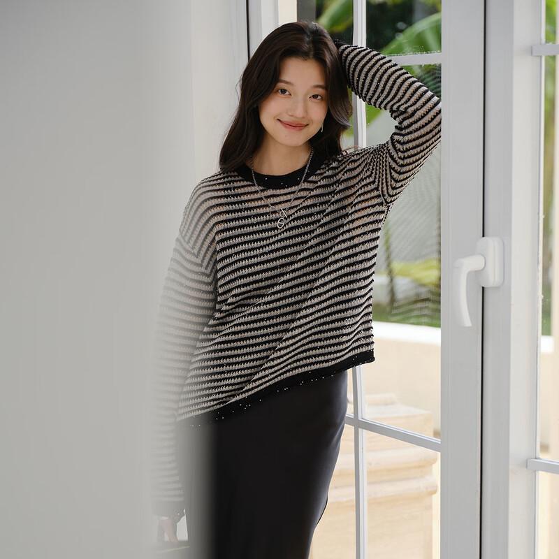 Sinoford Women's Crew Neck Loose Thin Long Sleeve Knitted Sweater