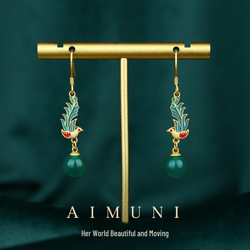 Boucles d'oreilles Clous en Argent Sterling 925 Peintes à l'Émail - Style Chinois Qipao Hanfu Crochets pour Femmes