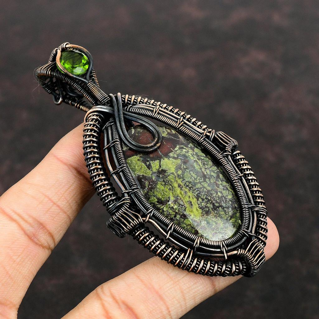 Dragon Bloodstone Pendant Copper Wire Wrapped Pendant Peridot Pendant Gemstone Copper Jewelry Gift For Mother Handmade Pendant Wire Jewelry