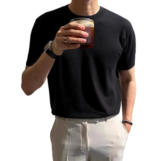 Summer Men T-Shirt Crew Neck Solid Color Short Sleeves Knitted Shirt Breathable Slim Fit Lightweight Basic Tee Casual Business Top