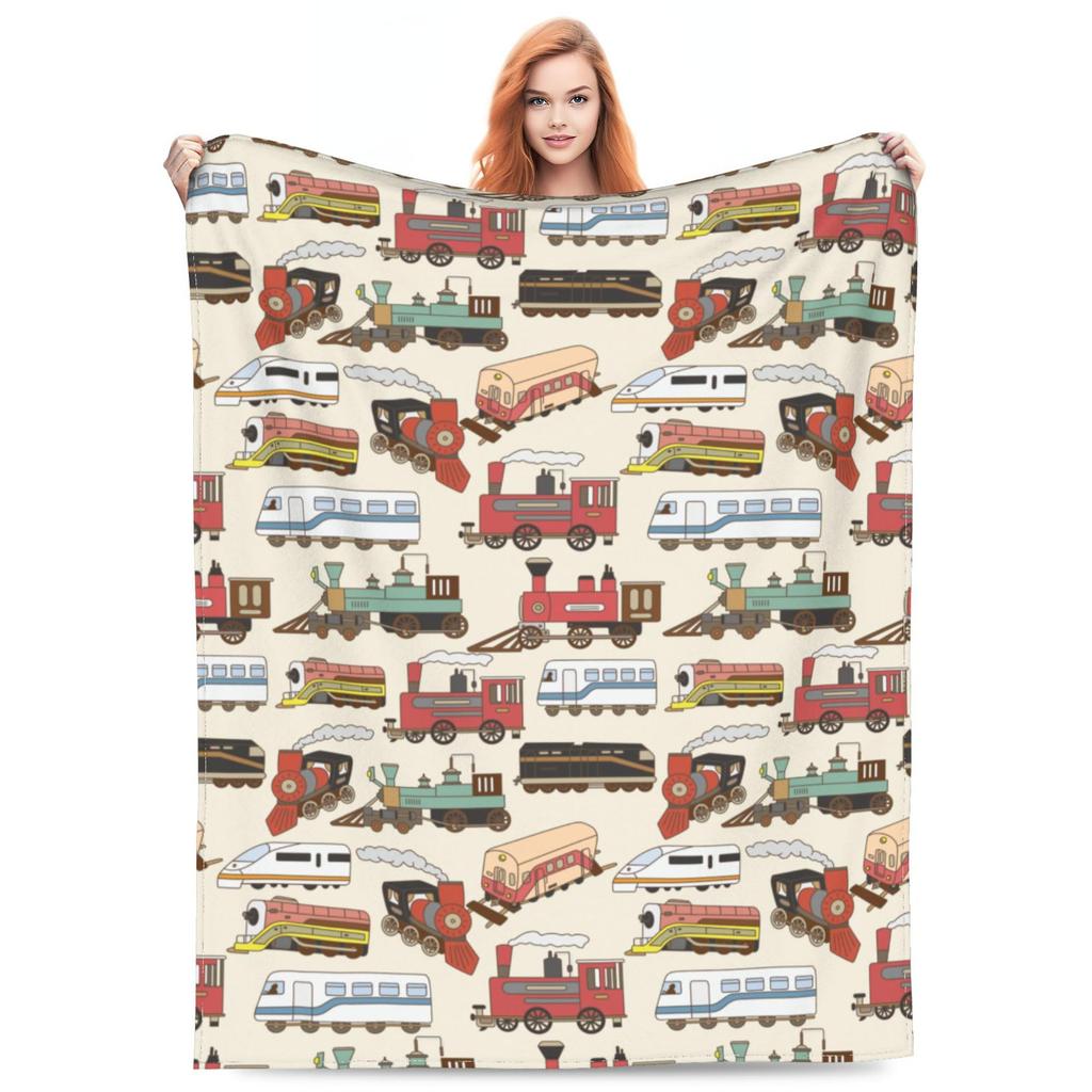 Retro train pattern digital-printed polyester Bedroom velvet flannel cover blanket Fleece soft sofa cover blankets for beds