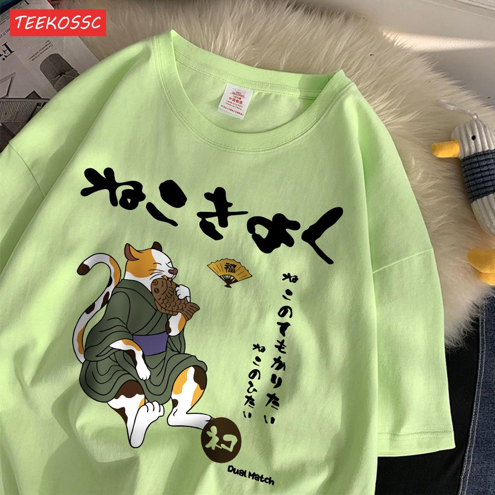 Casual Cotton WomenS TShirts Japanese Retro Fun Cats Printing Tees ONeck Loose Soft Short Sleeve Summer Street Female Clothes