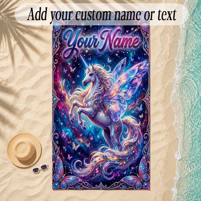 Unicorn Theme Soft Beach Towel Personalized Custom Name Text Towel Portable for Beach Pool Travel